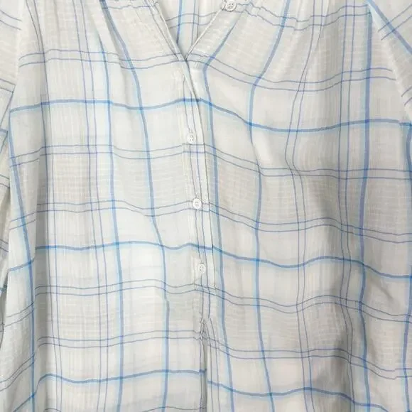 Joie S Ivory Blue Selima Plaid 3/4 Sleeve Blouse Top Split VNeck Button Cotton - Picture 5 of 11